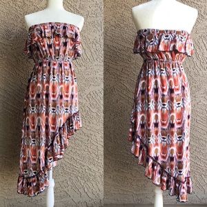 POETRY Strapless Ikat Printed Ruffle Dress